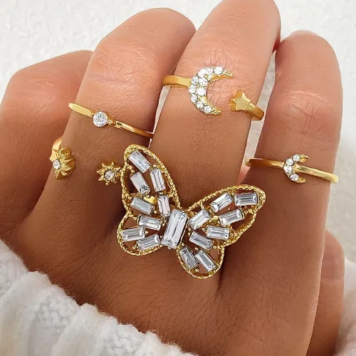Moon Butterfly Pendant Stone Finger Ring (5 pc)